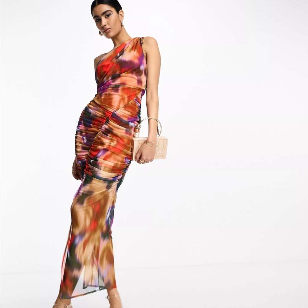 ASOS DESIGN one shoulder ruched midi dress in red smudge print